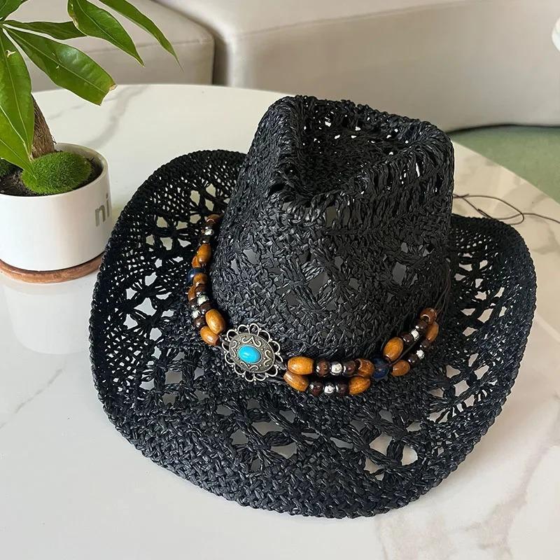 1Pc Summer Bohemian Shell Straw Hat Beach Women Men Cowboy Hats Wooden Beads Hollow Out Western Wide Brim Sun Hat Holiday Cap