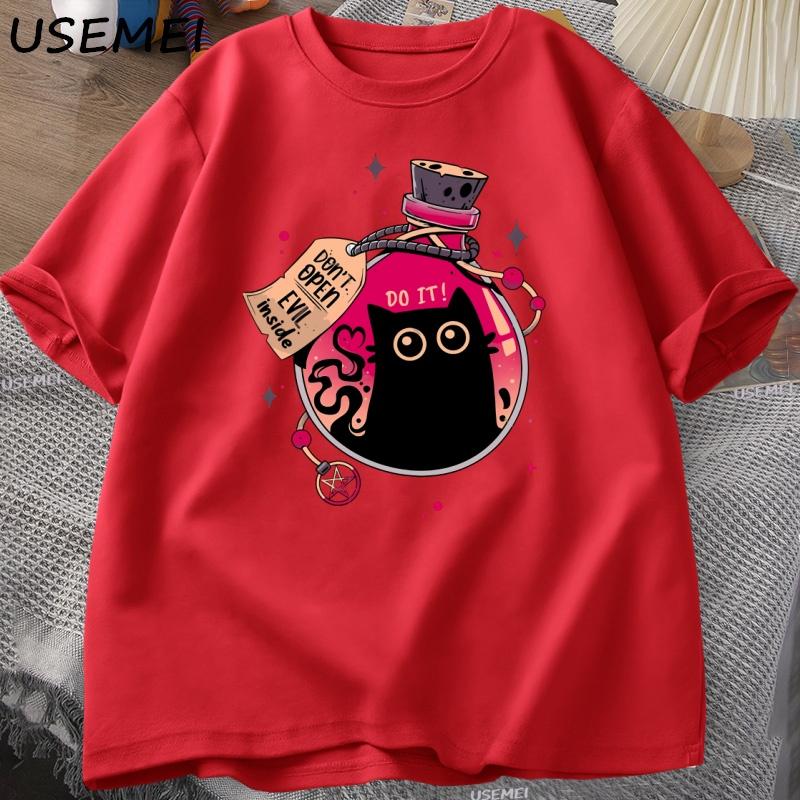 

Bottled Evil Black Cat T Shirt Trendy Cotton Summer Tops Loose Short Sleeves Cat Design Clothes Men Streetwear Clothes XL червоний
