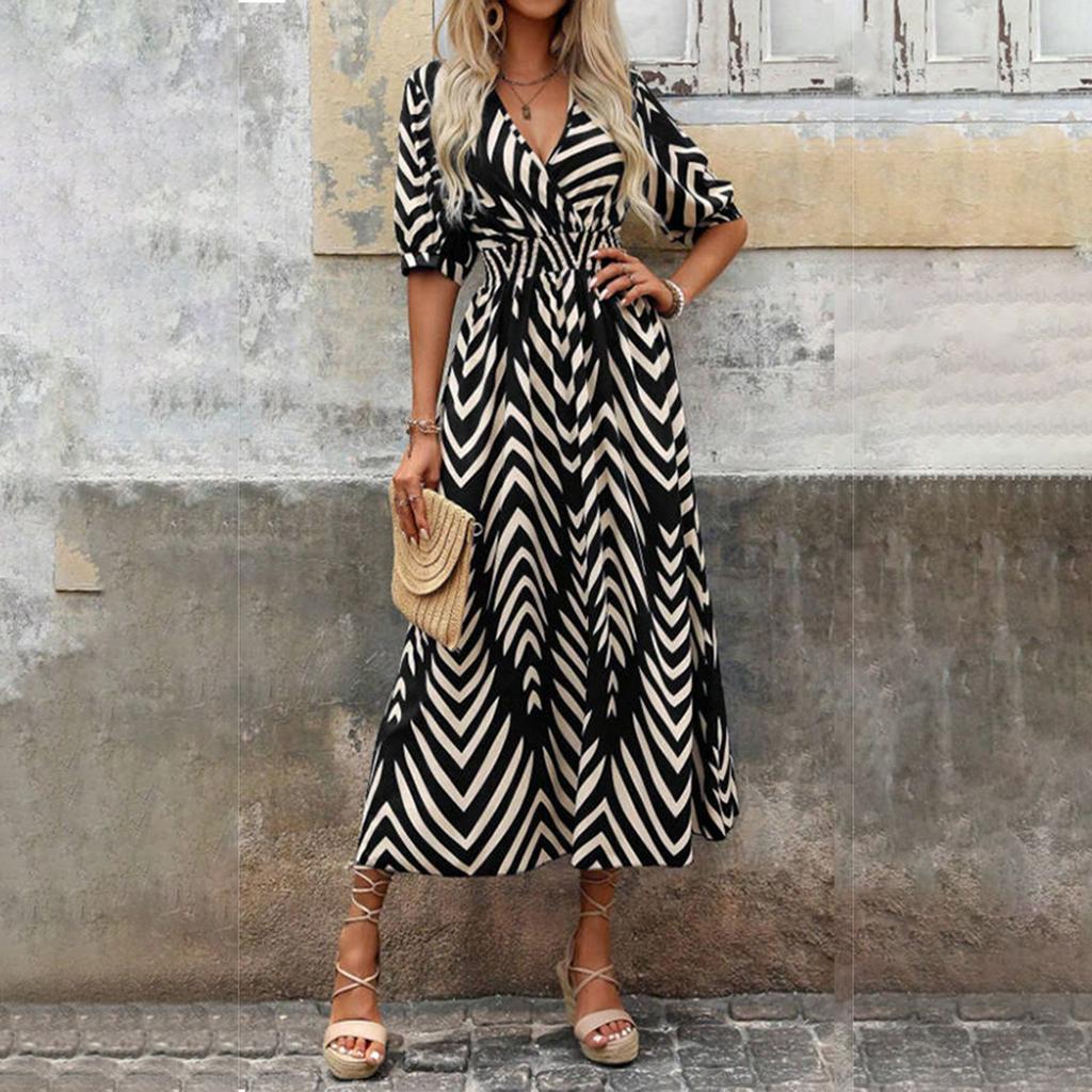 Ladies' Summer Loose Half-sleeved V-neck Blouse With Loose And Tight Waistline Casual Dress