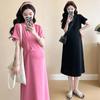 Summer 2026 Classic Maternity Knit Dress - Round Neck, Slim Fit, Short Sleeve, Plus Size