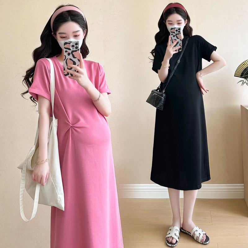 Summer 2026 Classic Maternity Knit Dress - Round Neck, Slim Fit, Short Sleeve, Plus Size