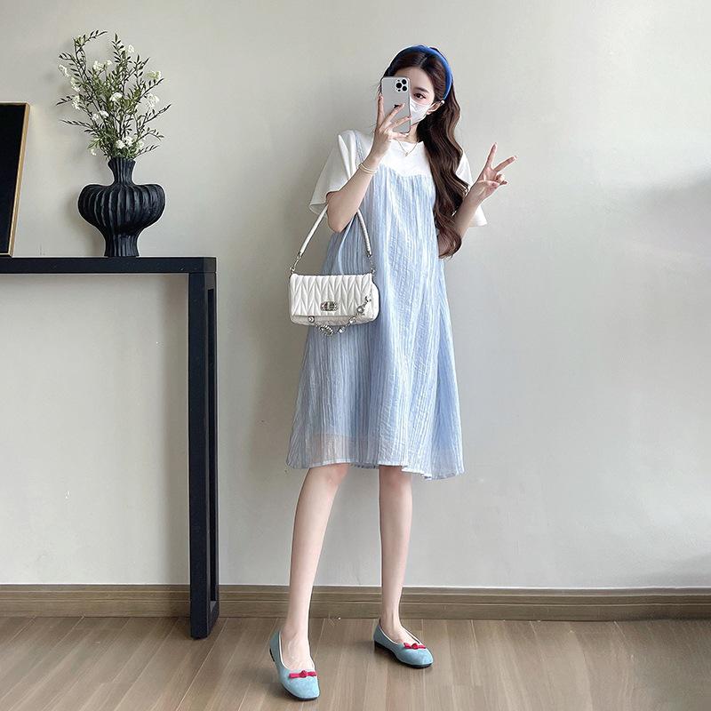 2026 Summer Maternity Patchwork Faux Two-Piece Slimming Dress L