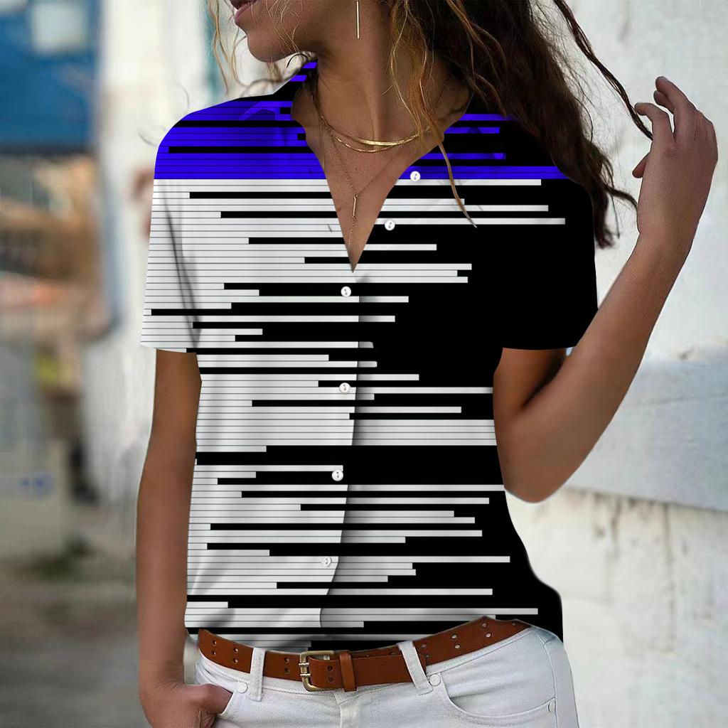 2025 Summer New Fashion Women's Stripe Printed Short Sleeve V-neck Casual Button-down Shirt Top