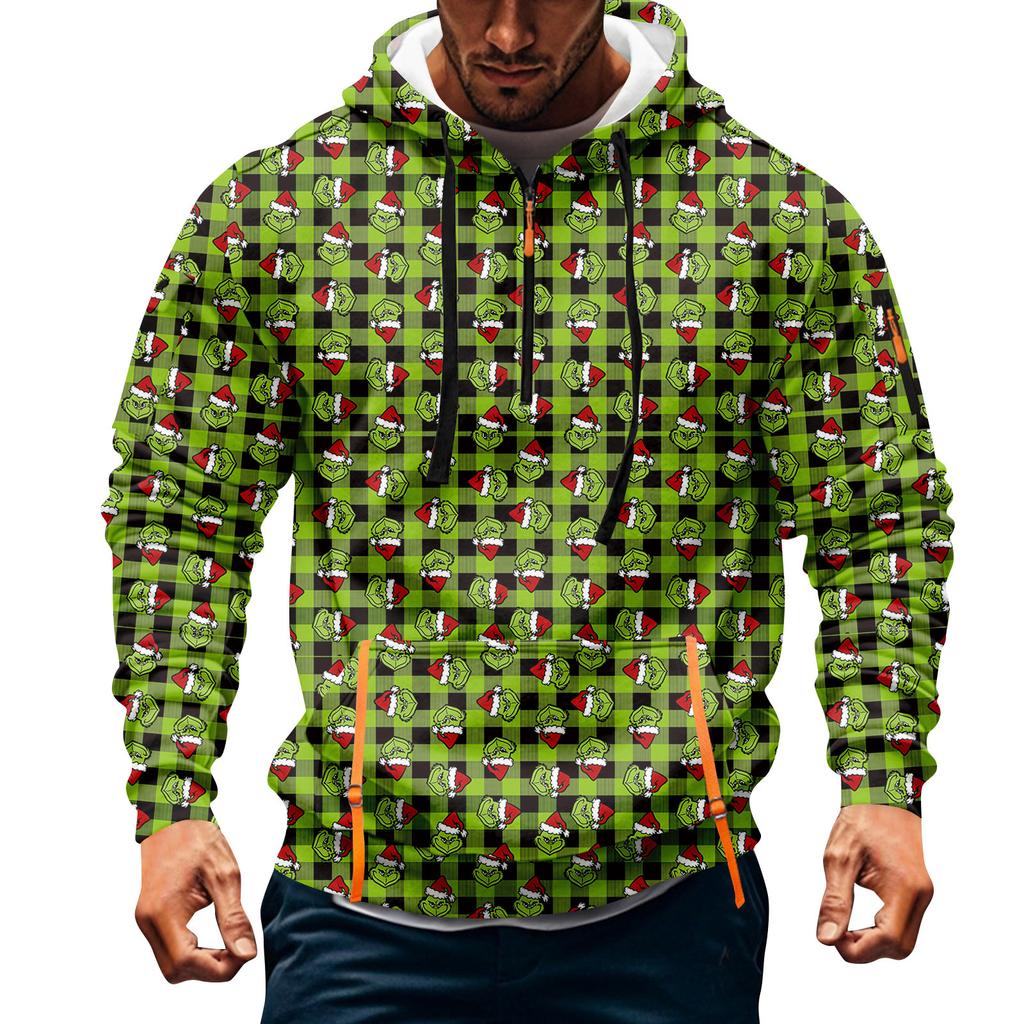 Men's Christmas Print Hooded Half-Zip Casual Sports Sweatshirt