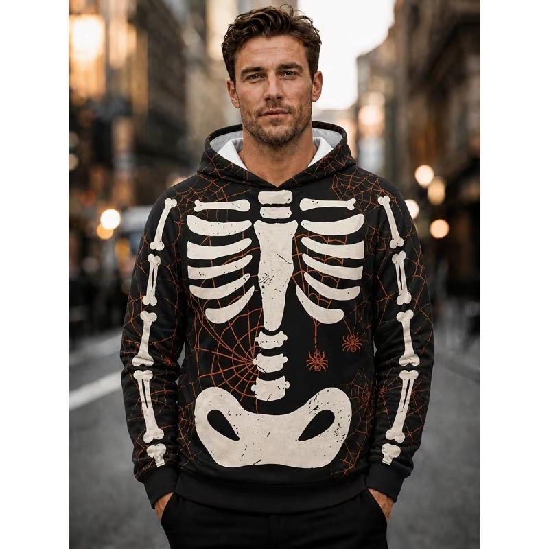 Men Halloween Hoodie Pumpkin Skull Ghost Bat Graveyard Castle Tombstone Moon Pattern Pullover Spooky Party Casual Sweatshirt