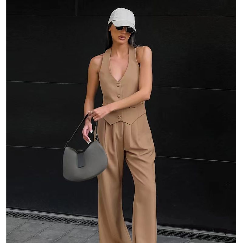 European and American Sexy Backless Halter Top Trousers Set Hanging Neck Vest and Pants Set