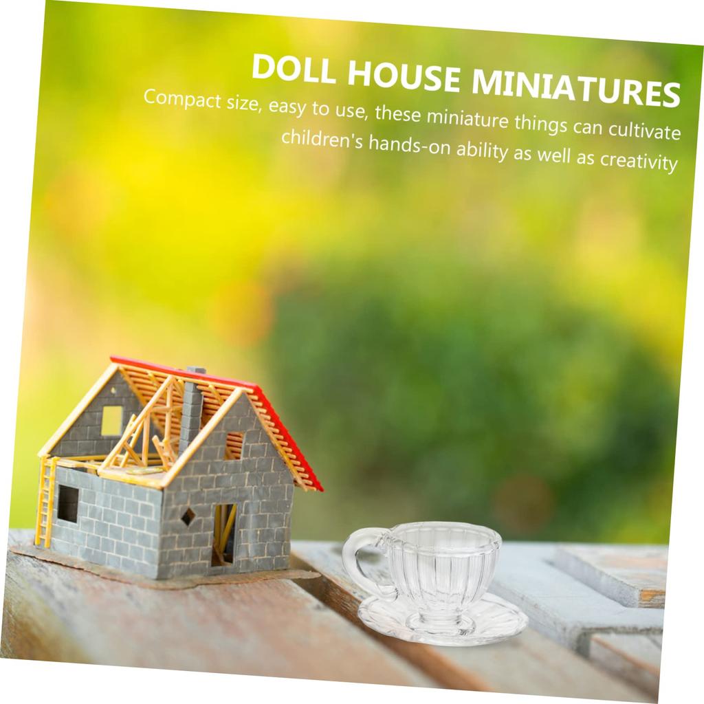 SAFIGLE 4-Piece Dollhouse Miniature Cup and Saucer Glass Tea Set, Dollhouse Decorative Tableware, Miniature Teacups, Doll Play, Gift