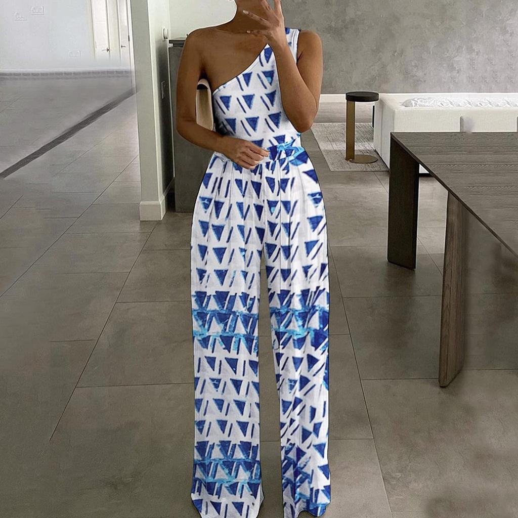 Einschultriger ärmelloser Overall für Damen Modedruck Weite Beine Hosen Strampler Eleganter Overall mit hoher Taille
