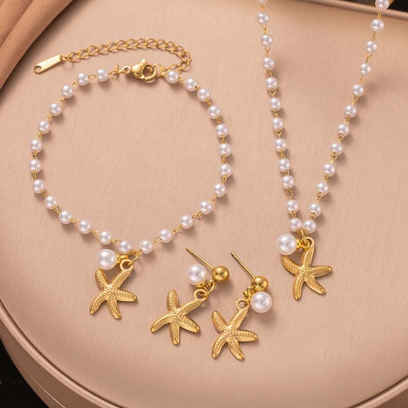 Stainless Steel Shell Starfish Pearl Pendant Necklace Set For Women Fashion Gold Color Clavicle Chain Waterproof Jewelry Gifts