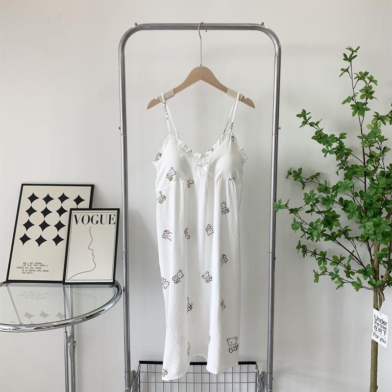 With Chest Pad Anti-exposure Nightdress Summer New Woven Foamed Cotton Suspender Dress Cute Sweet Girl Sleeveless Pajamas