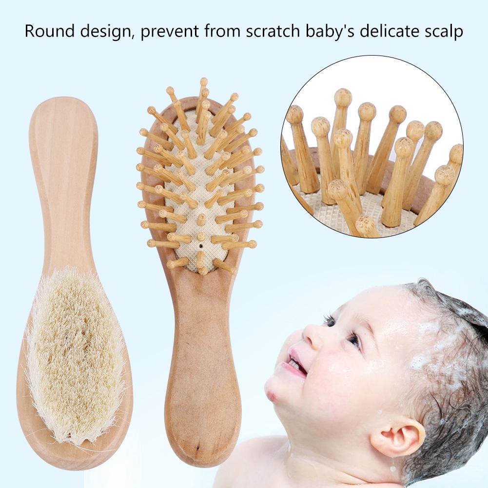 Baby Wooden Hair Brush and Comb Set Goat Hair for Newborns Toddlers Daily Care