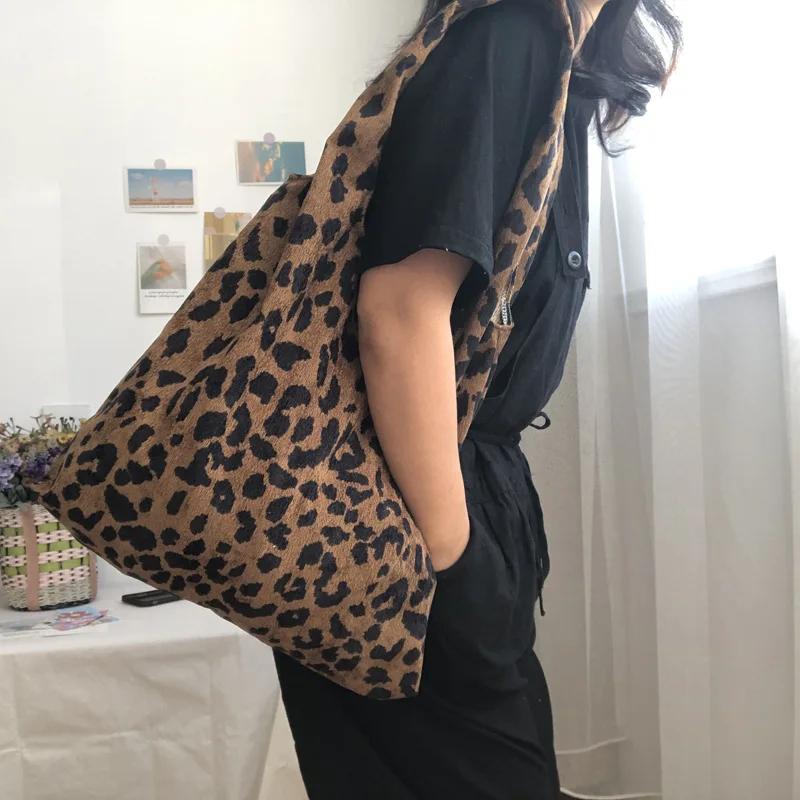 Simple Commuter Women's Vest Handbags Leopard Pattern Corduroy Female Large Tote Bag Casual Retro Ladies Cott Shoulder Bags