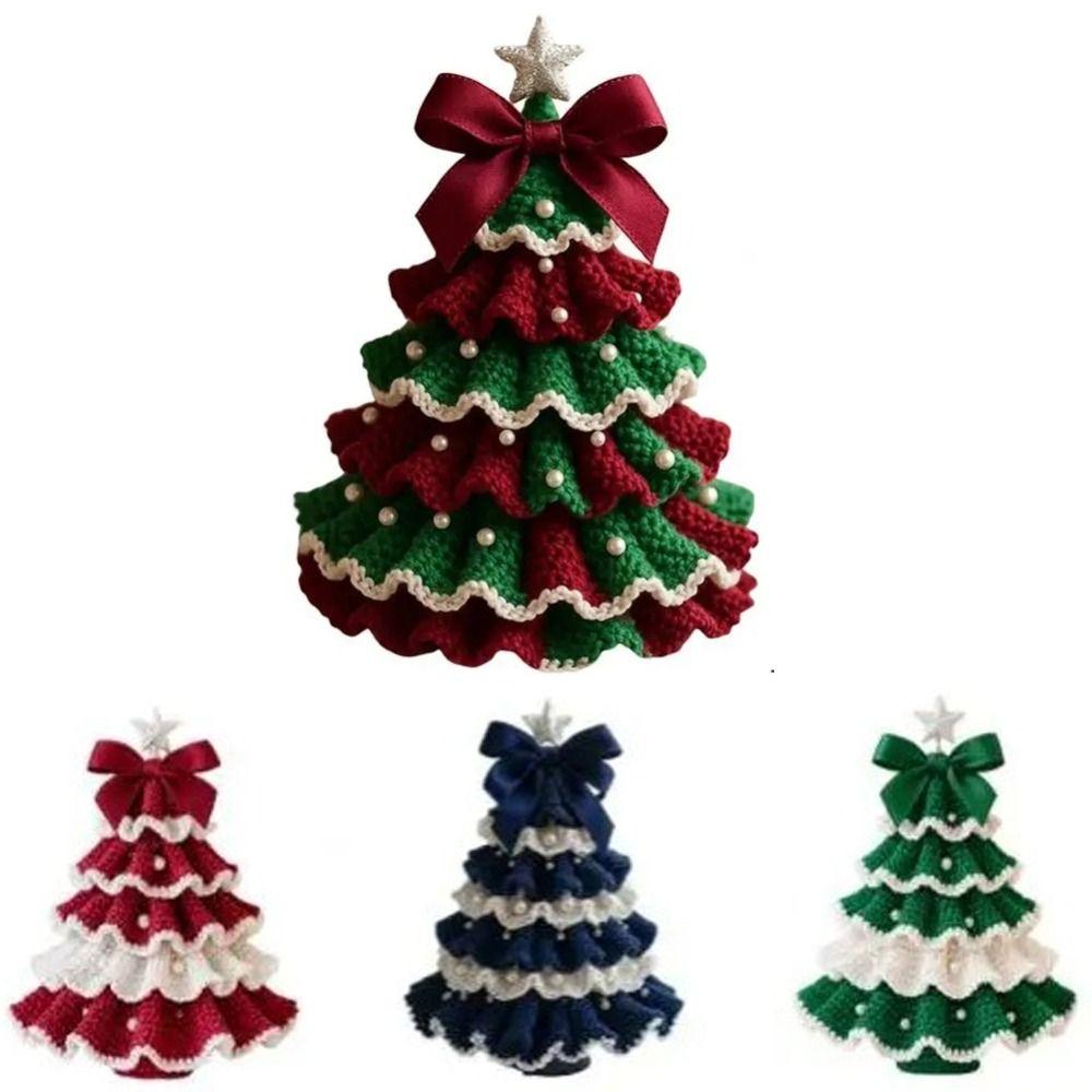 Handmade Crochet Christmas Tree Kit Festival with Bow Faux Pearl Christmas Party Crochet Decoration