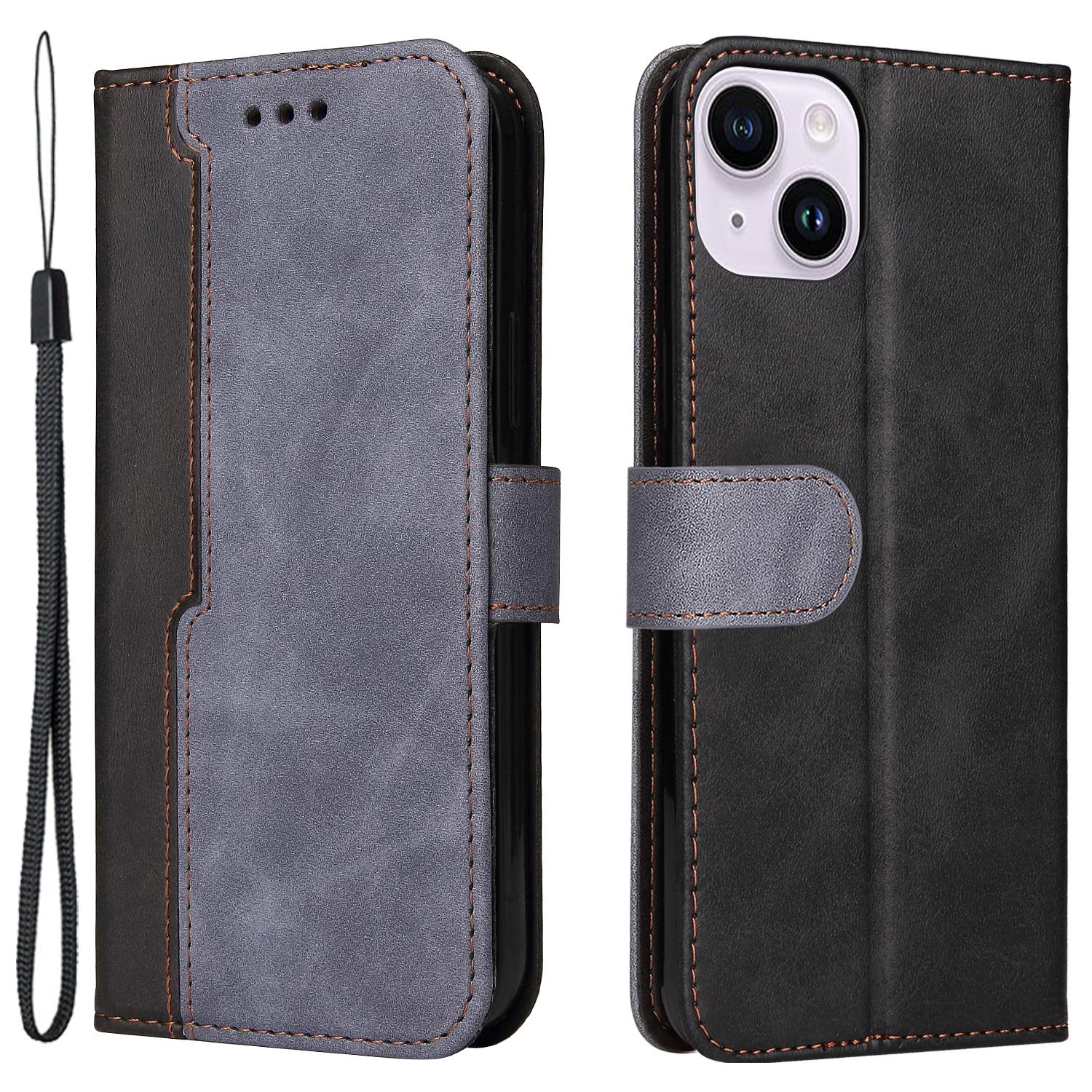 

For iPhone 15 Plus Business Style Phone Case Stand Wallet Dual-Color Splicing PU Leather Cover Grey