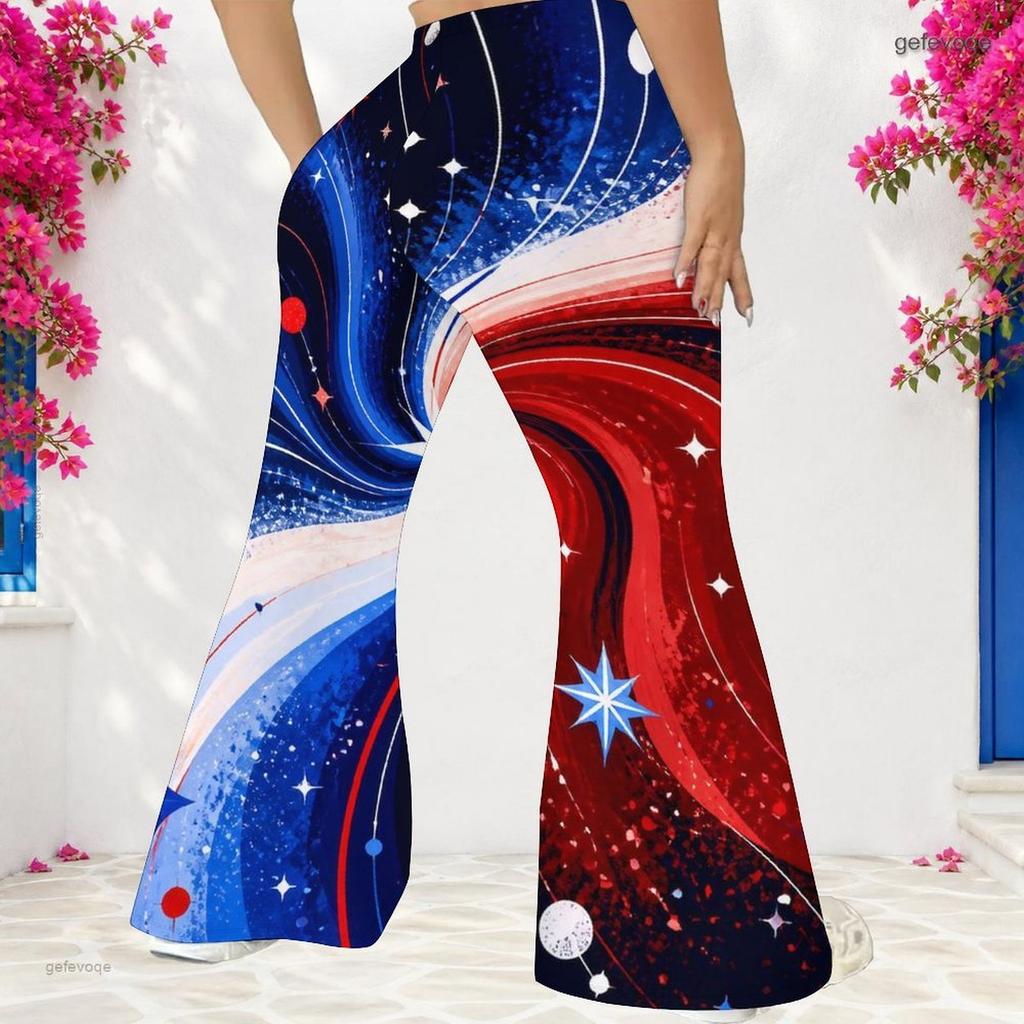 Women Plus Size High Waist Red Blue Star Printed Full Length Flared Pants