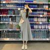 Hong Kong Style Retro College Style Polo Collar Waist Gray Medium and Long Split Dress Children's Summer T-shirt Long Dress