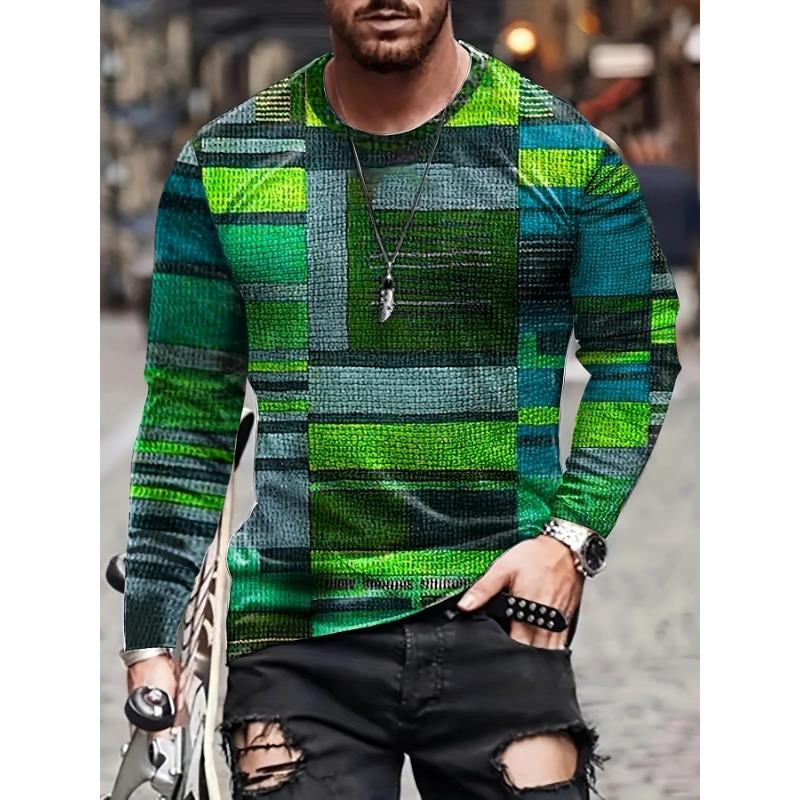 Men's Colorful Irregular Grid Pattern Round Neck Long Sleeved T-shirt