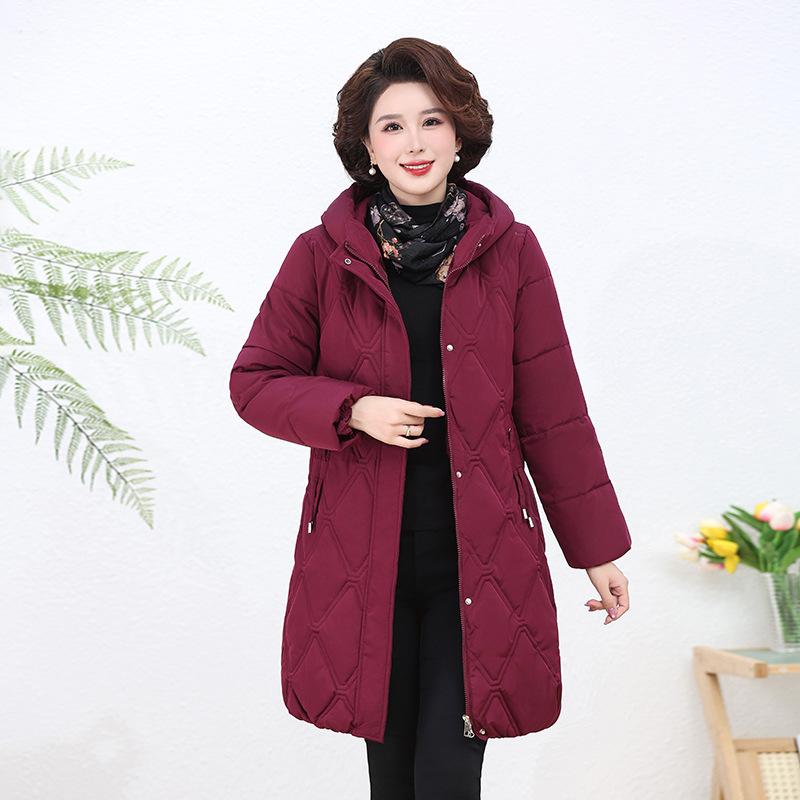 Mittelalte Damen Mütter tragen knielange, baumwollgepolsterte Jacke, dicker, westlicher, lockerer Baumwollmantel in Übergröße, baumwollgepolsterte Jacke Winter