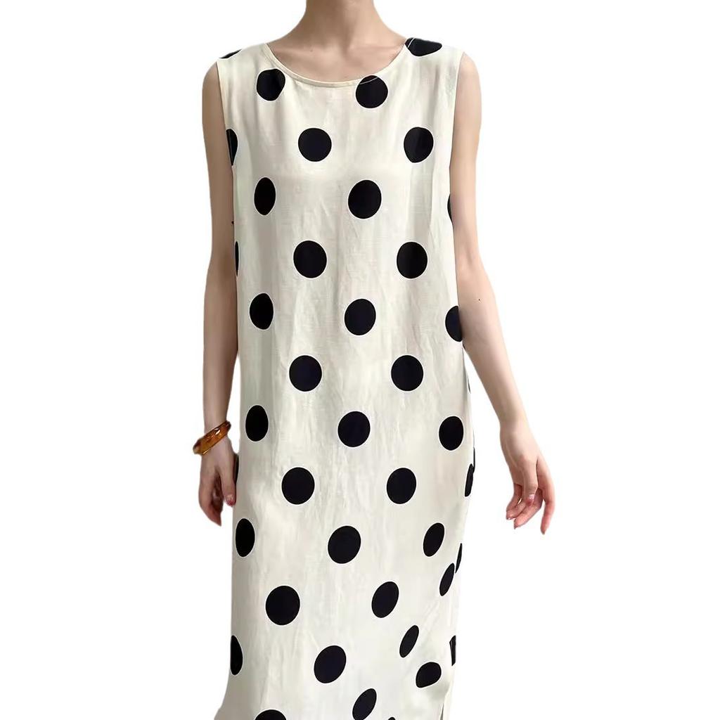 Summer New Lace-up Design Black Polka Dot Vest Dress Women's Loose and Thin Split-ended Long Dress