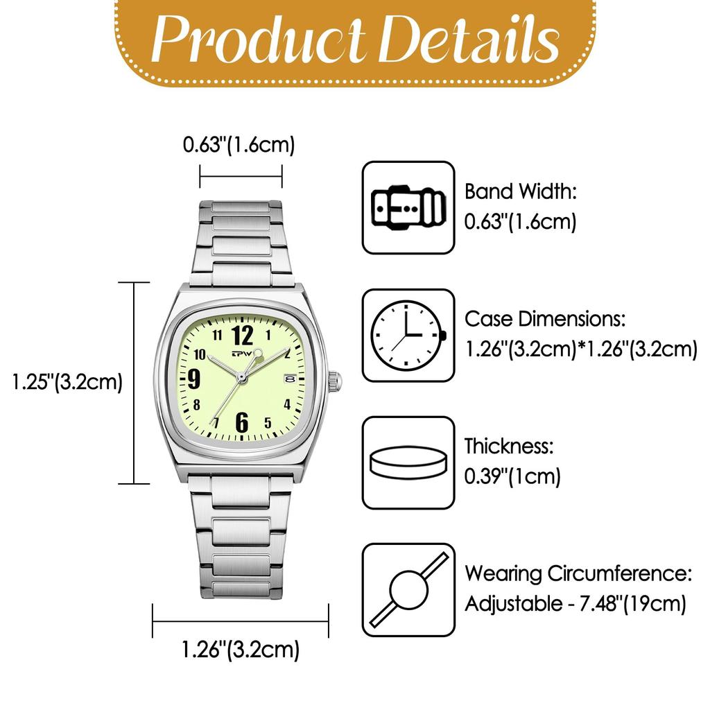 Square stainless steel watch for women small size waterproof rainproof daily water resistant with calendar date display mini size convenient classic