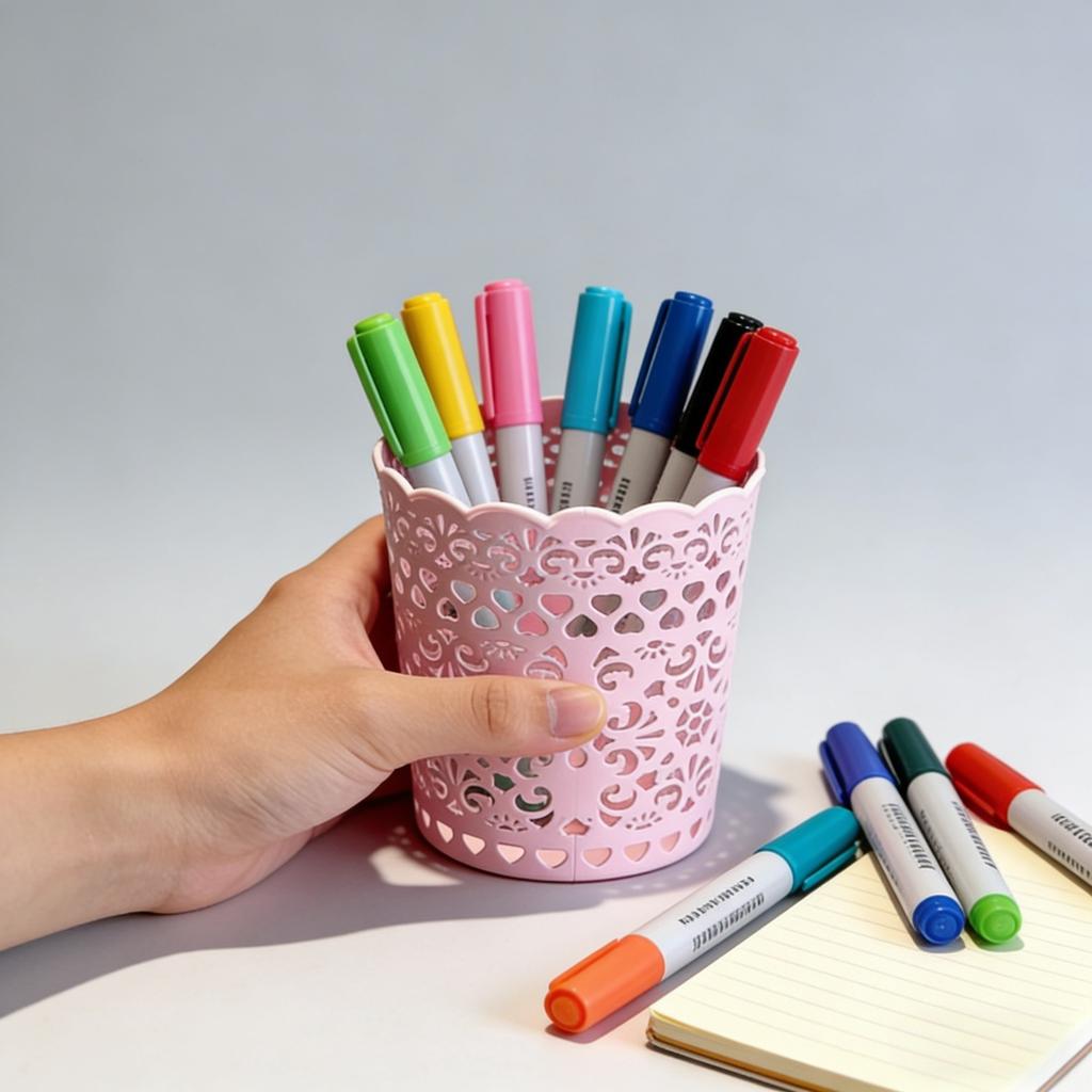 4‑Color Option Single Heart‑Shaped Hollow Lace Plastic Pencil Holder, Cute Desktop Stationery Storage Cup for Office & Study