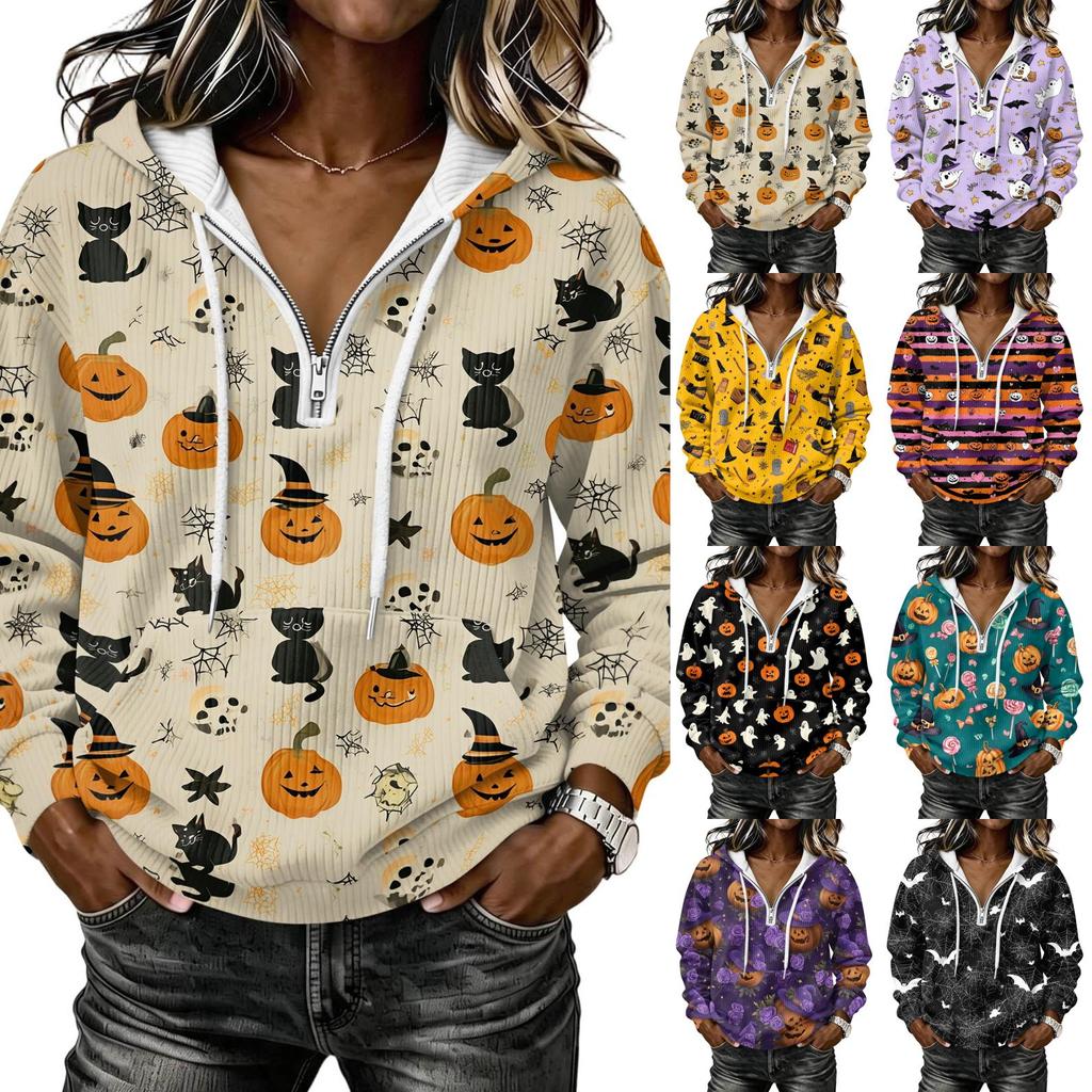 Women's Long Sleeve Halloween Print Pullover Hoodie Sweatshirt with