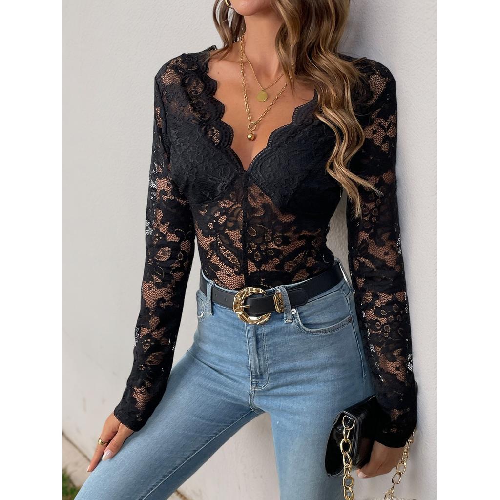 Women's Elegant Solid Color Long Sleeve Lace Sexy Bodysuit, Popular European & American Style Jumpsuit for Spring Autumn