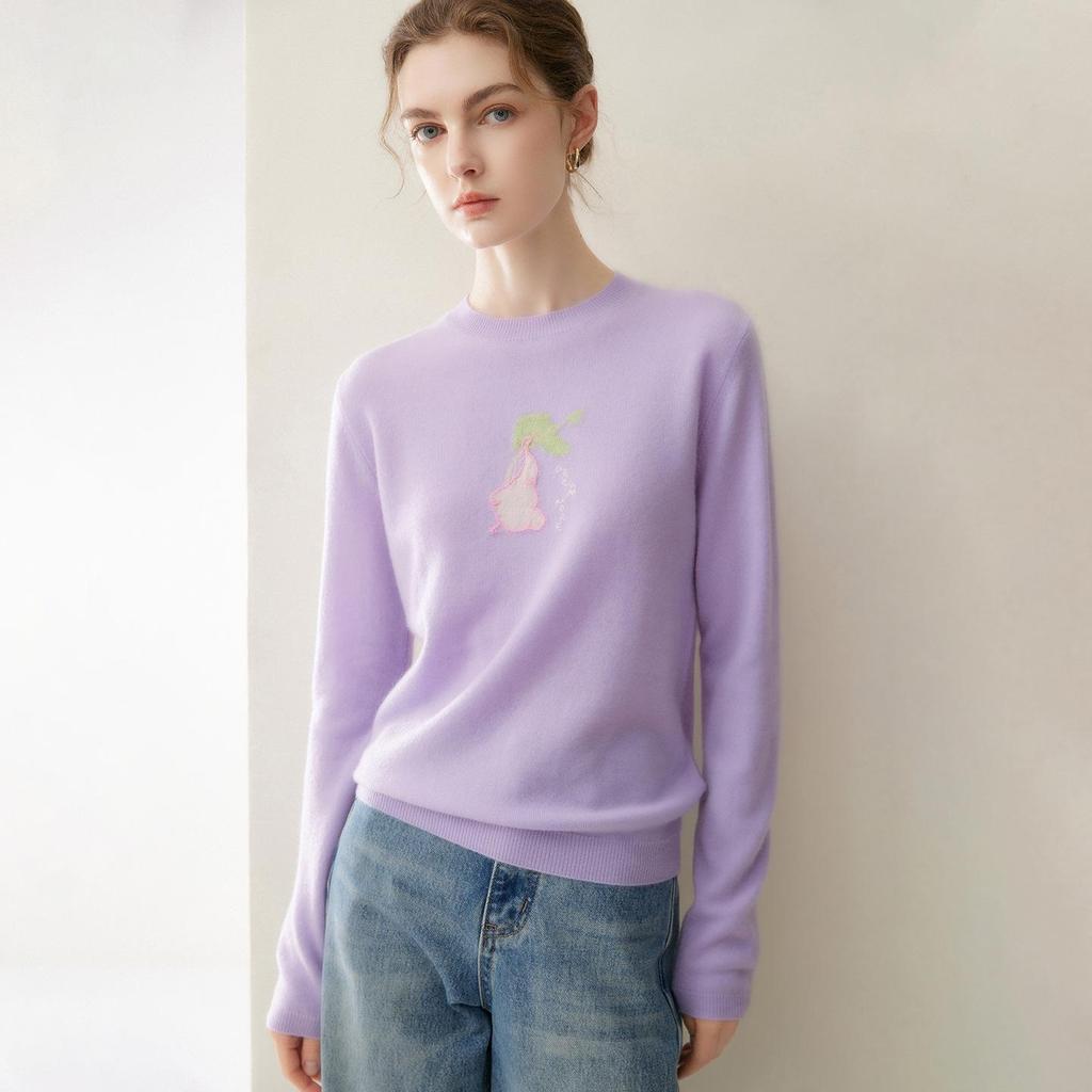 Lekasha Women's 100% Cashmere Embroidered Round Neck Sweater for Autumn and Winter