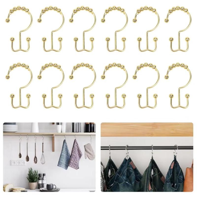 12pc Metal Shower Curtain Rings Metal Shower Curtain Hooks Set For Bathroom Rust Proof Double Rings With Beads Gold Shower Liner