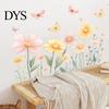 Natural Wood Bedroom Wall Accents 2Pcs Watercolor Flowers Sticker, PVC Waterproof Floral Decal with Butterflies, Removable Butterfly Decals Art Decor,