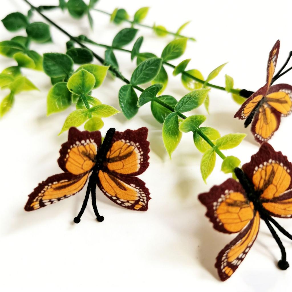 10pcs Colorful Butterfly Stems with Green Leaves In Wood Pot Artificial Butterfly Picks for Autumn Decor Home Decoration