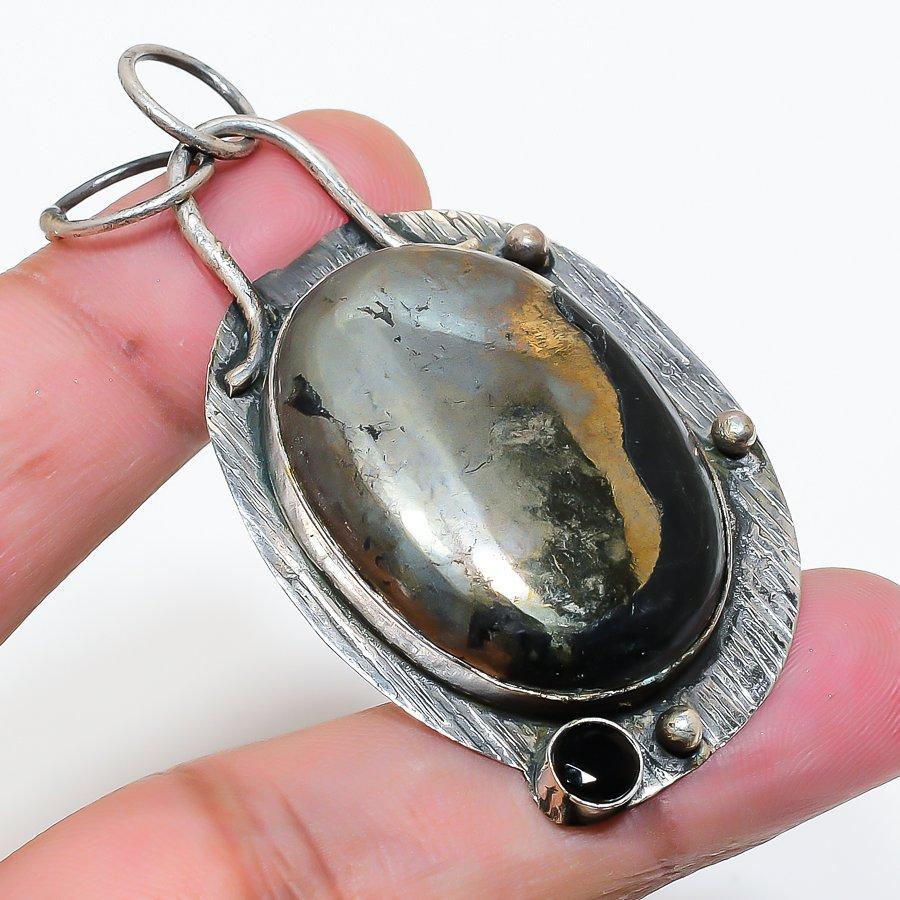 Natural Pyrite Agate, Spinel 925 Sterling Silver Jewelry Pendant 2.44" AP-16026