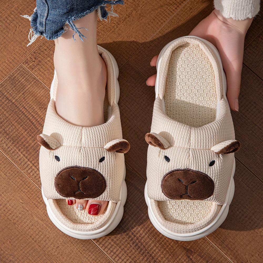 

2025 новые тапочки из льна Kapibara с открытым носком, на толстой подошве, легкие, нескользящие, бесшумные, для дома 44-45