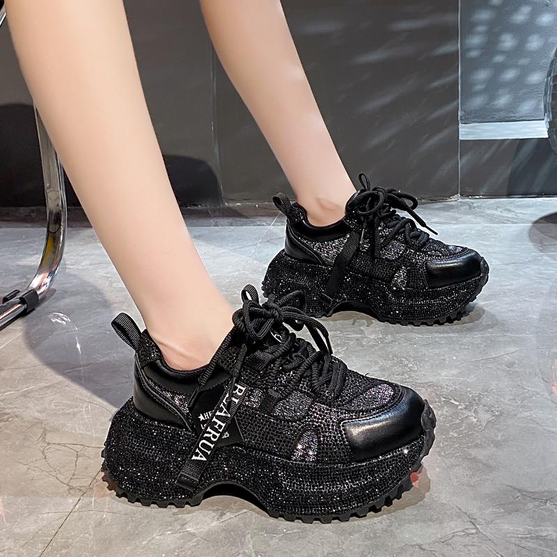 Fashion 8cm Luxury Designer Platform Chunky Sneakers Full Diamond Shoes Non-slip Water Diamond Casual Skateboard Shoes Zapatos De Mujer