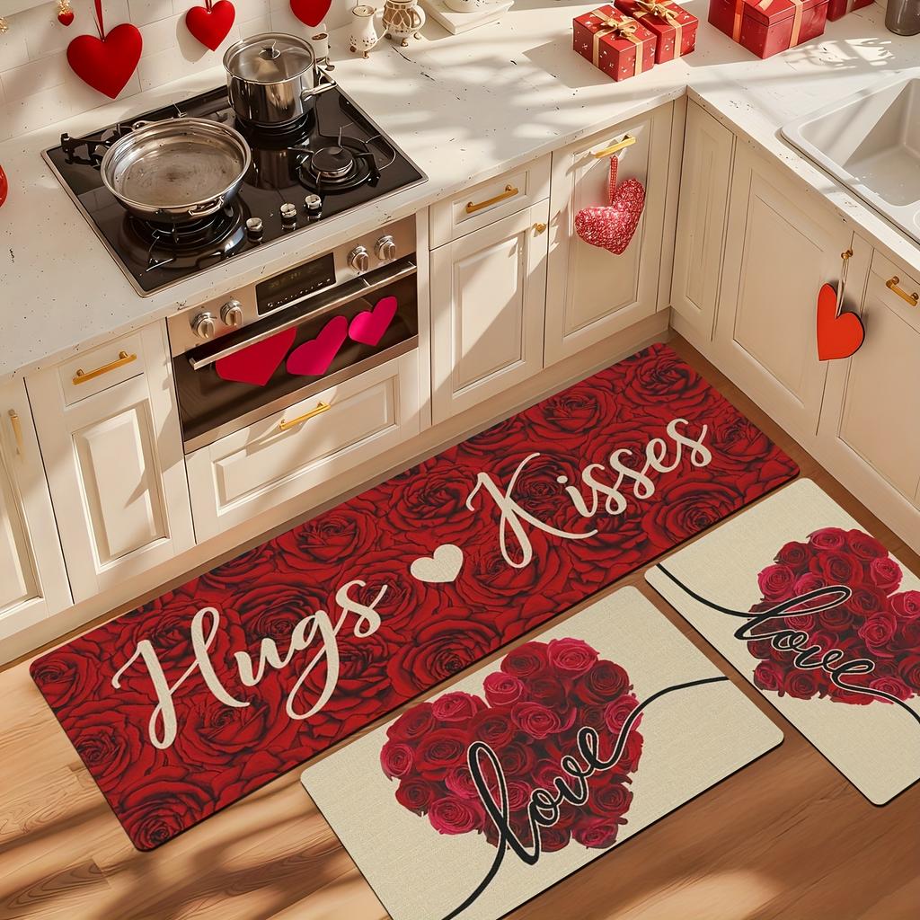 VIKAMA Valentine's Day Floral Heart Kitchen Rug Soft and Comfortable Bedroom and Hallway Rug Entrance Doormat Home Decor