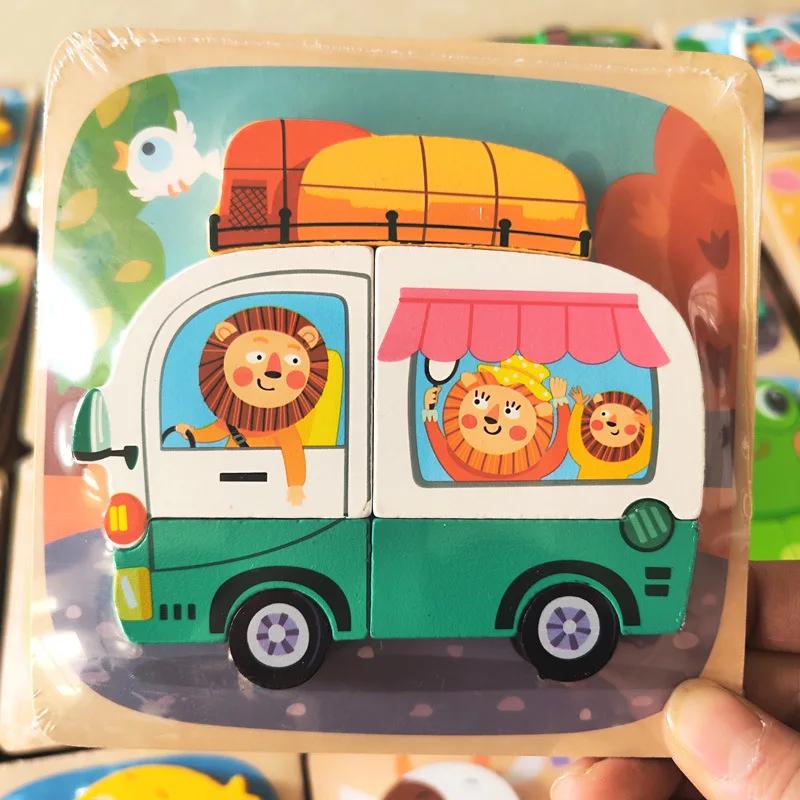3D Wooden Puzzles Hand Grab Boards Toys Tangram Jigsaw Baby Educational Toys Cartoon Vehicle Animals Puzzles Gify for Toddler