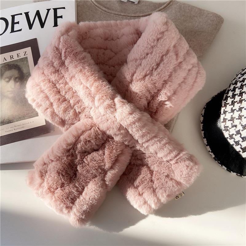 Thickened version of soft waxy wool scarf, female Korean version of solid color versatile cross short imitation Rex rabbit scarf, autumn