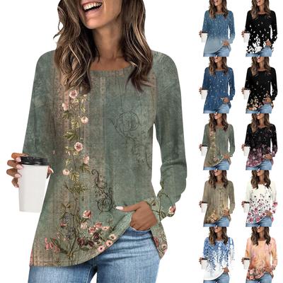 Women's T Shirt Tunic Tops Casual Long Sleeve Pleated Blouse Loose T Shirt Basic Round Neck Regular Top