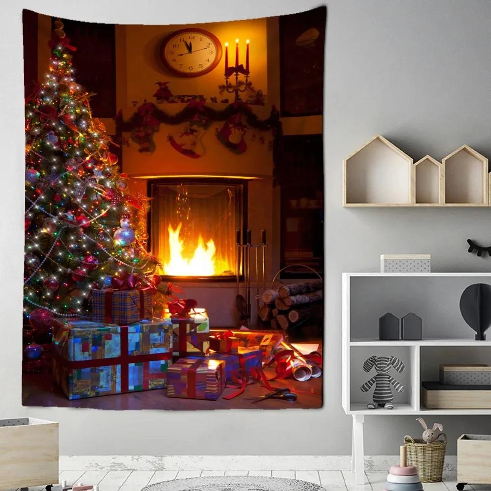 Cartoon Santa Claus Pattern Tapestry Home Bedroom Living Room Wall Decoration Christmas Theme Tapestry