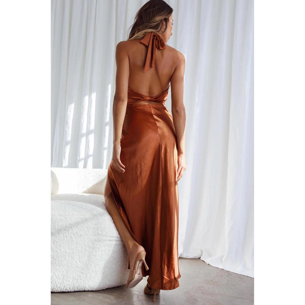 2023 Cross-Border Women's Solid Color Satin Halter Backless Slit Midi Evening Dress