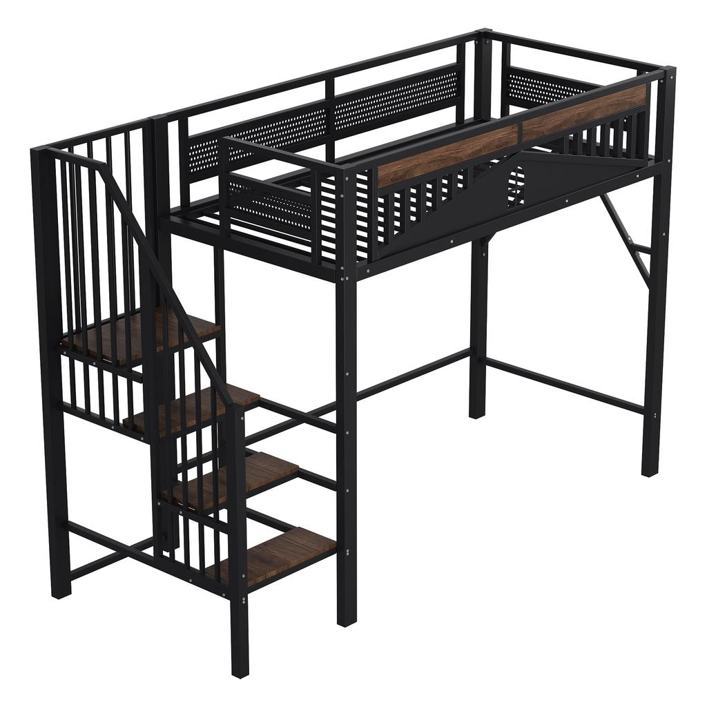 Hochbett Metall 90x200 cm, Korpusschutz, Sicherheitsleiter, Aufbewahrung, großer Platz, robust, Schwarz (ohne Matratze)