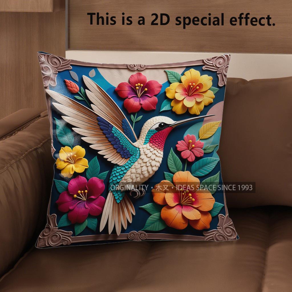 2D Bohemian Hummingbird Floral Throw Pillow Covers Pattern Cushion Cover Suitable For Sofa Bedroom Car Pillow Cover