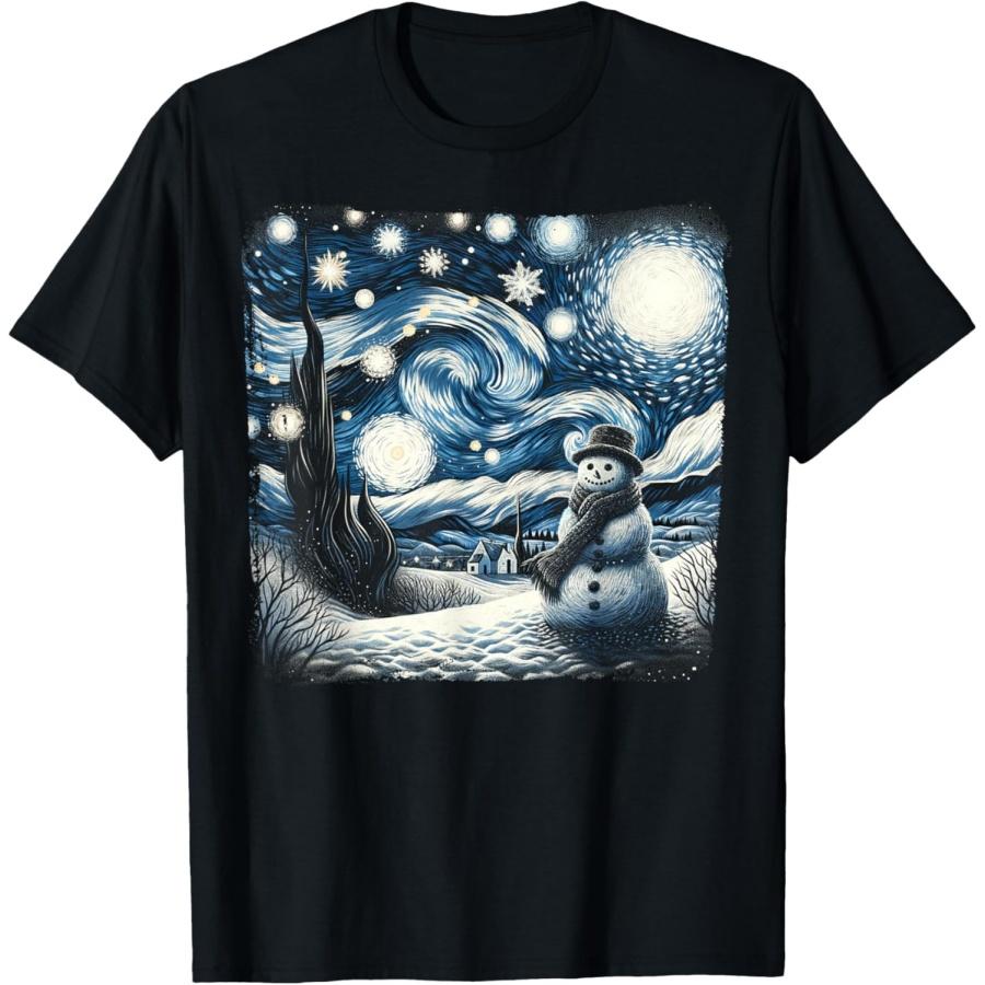 Van Gogh Starry Night Christmas Snowman Winter Snowy Night T-Shirt(11) XXXXXL чёрный