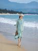 2026 Artistic Women's Textured Linen Embroidered Dress with Three-Quarter Sleeves and Flowing Mid-Length Skirt