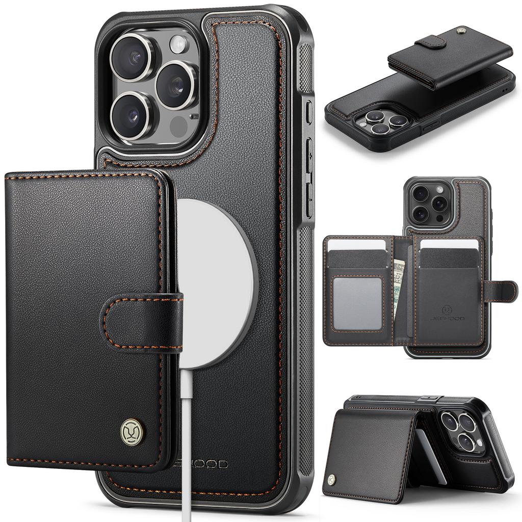 For iPhone 14 Pro Case JEEHOOD J09 RFID Blocking Card Holder Leather Back Phone Cover Compatible with MagSafe