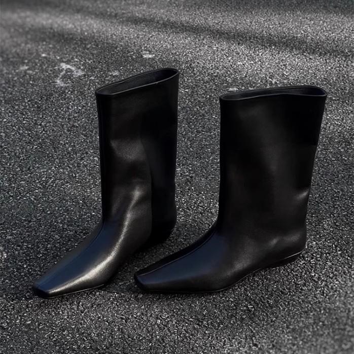 Rindslederversion~ Herbst und Winter neue koreanische Version einfache quadratische Zehe vielseitiges Temperament niedriger Absatz Ritterstiefel Damen Schaft mittelhoher Stiefel