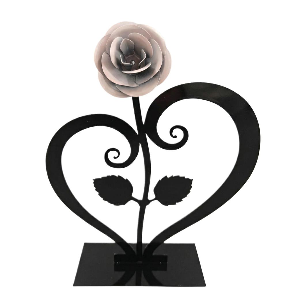 A Metal Rose Paired With A Heart-shaped Stand—a Creative Decorative Piece That Makes For An Ideal Gift.