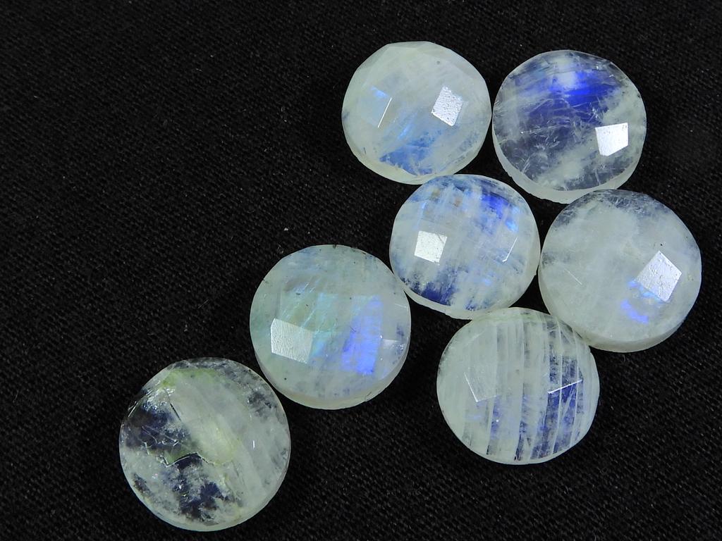 12X12 MM Regenbogenmondstein Schachbrettschliff Rund Flache Rückseite Edelstein 7 Stück Los RML-858