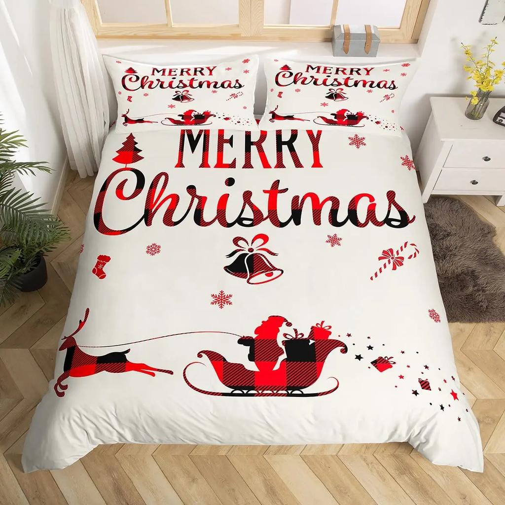 Comforter Merry Christmas Red Buffalo Checked Rustic Truck Comforter plaid Xmas Tree Elk Deer Snowflake Bedding Sets