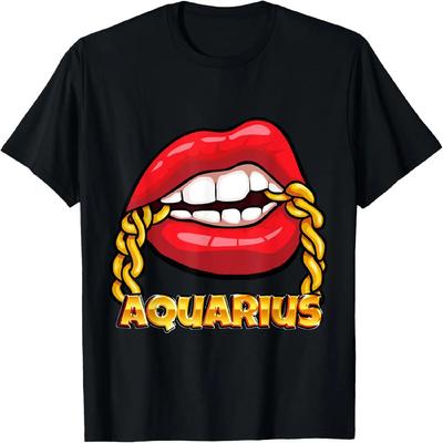 Juicy Lips Gold Chain Aquarius Zodiac Sign T-Shirt